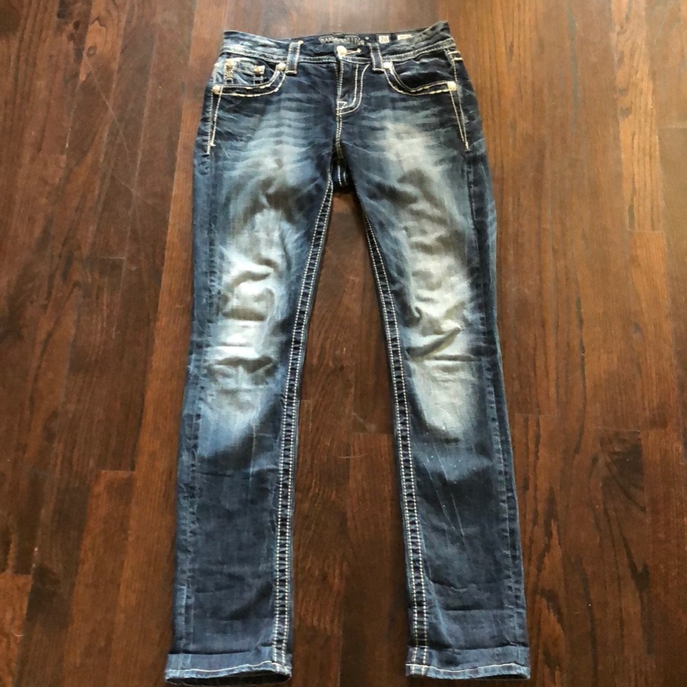 Blue denim Miss Me with white stitching